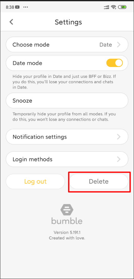 click on delete on settings screen how to delete bumble account