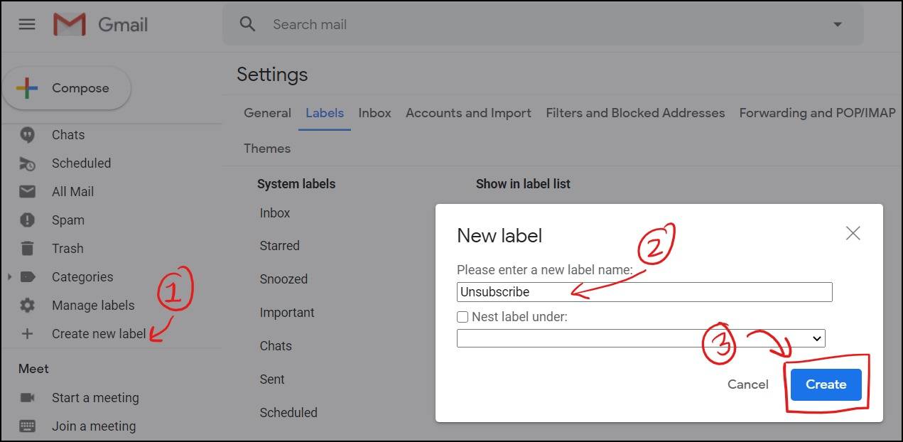 gmail unsubscriber script create label mrnoob