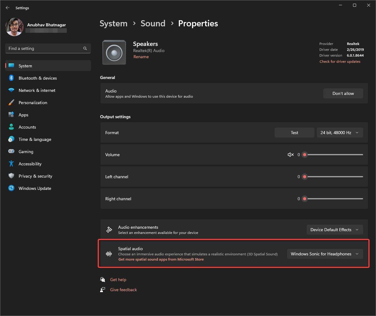 enable spacial audio windows sonic mrnoob