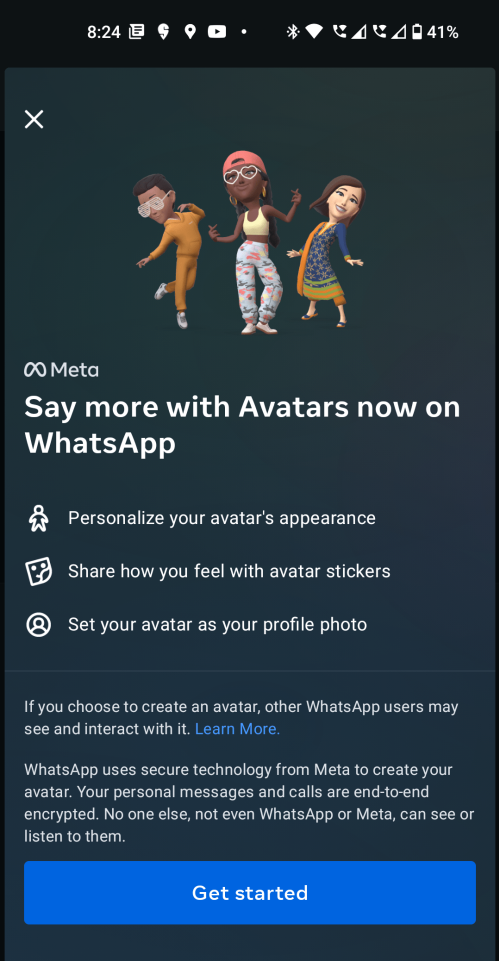 tap on get started add avatar in whatsapp