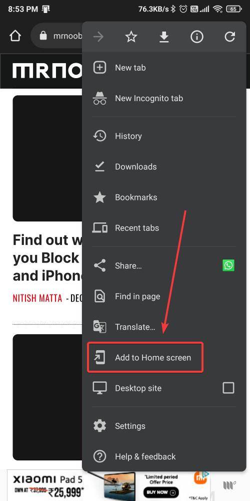 add to home screen option google chrome android mrnoob