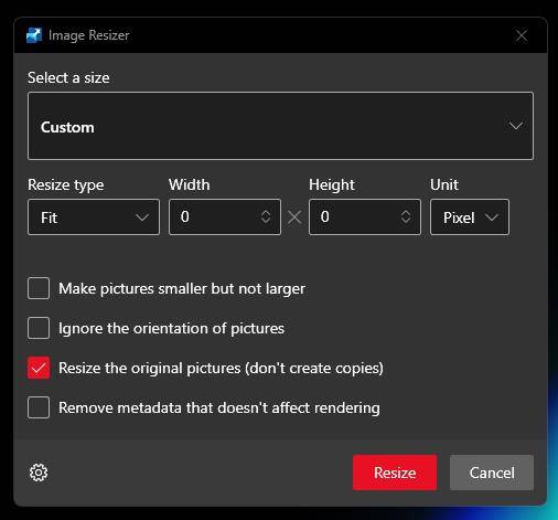 powertoys image resizer image tool window