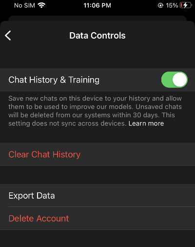 chatgpt app data controls settings ios