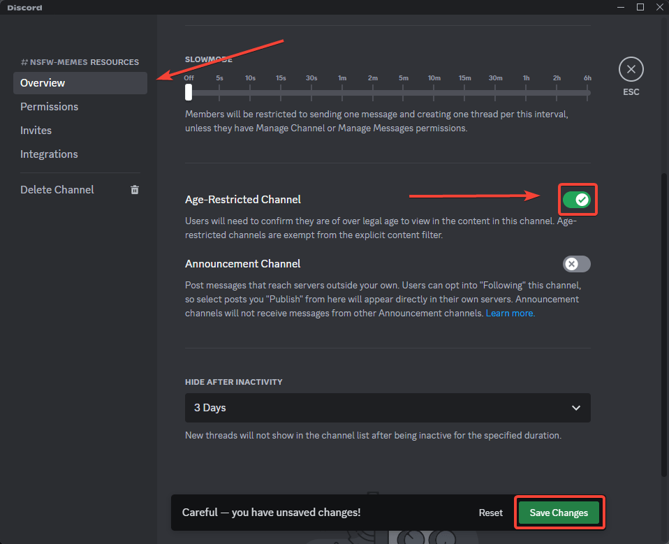 enable age restriction inside discord channel settings