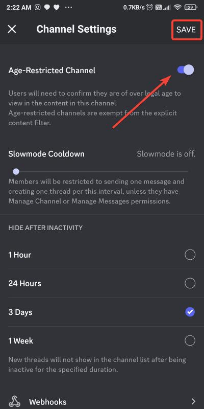enable age restriction inside discord mobile channel settings