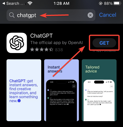search and install chatgpt app on iphone