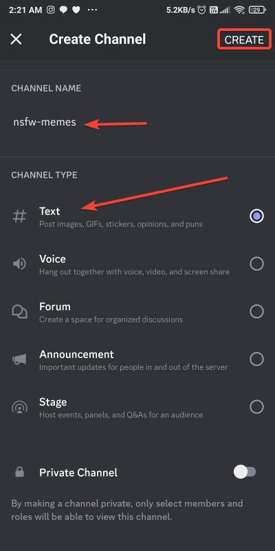 select channel type and name on discord mobile