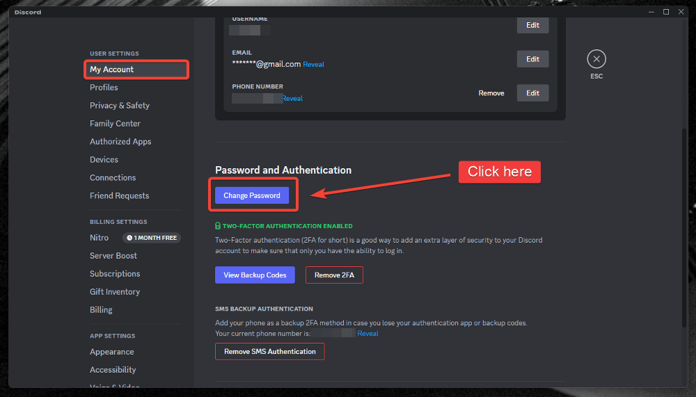 change password option inside discord pc setting