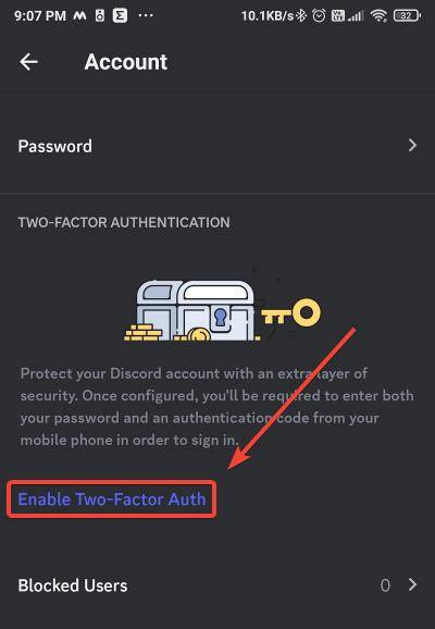 click enable two factor auth link on discord app