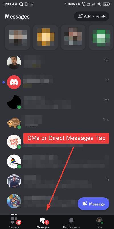 direct message tab on new discord app layout
