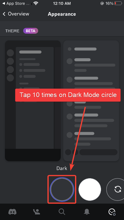 tap on dark mode circle on discord iphone