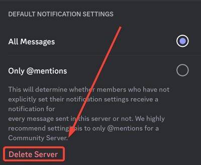 delete server option on discord mobile