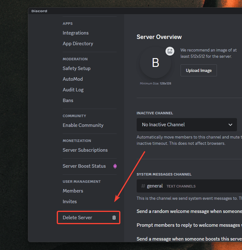 select delete server from side bar discord pc